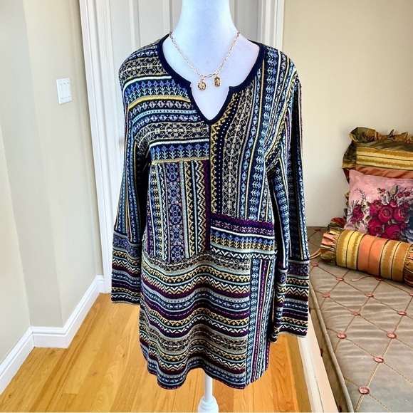 Coldwater Creek Sweater Cotton Tunic Split Neck Colorful Stripes (M) - Picture 1 of 8